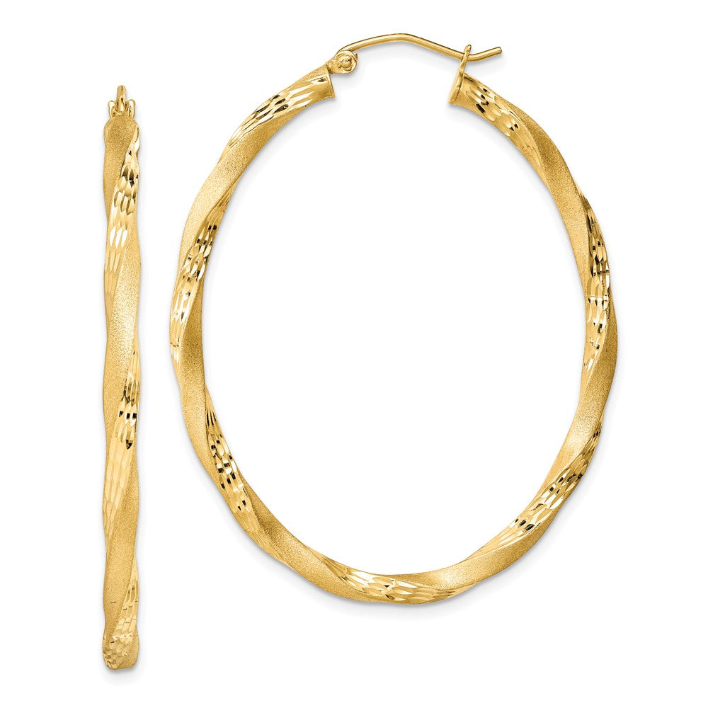 Yellow Gold-plated Sterling Silver Diamond-cut Twist Satin 4mm Oval Hoop Earrings