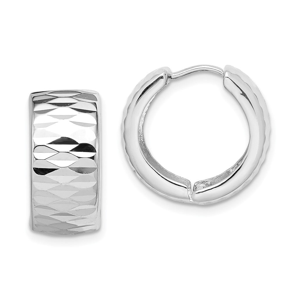 Rhodium-plated Sterling Silver Diamond-cut Hinged Hoop Earrings