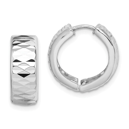 Rhodium-plated Sterling Silver Diamond-cut Polished Hinged Hoop Earrings