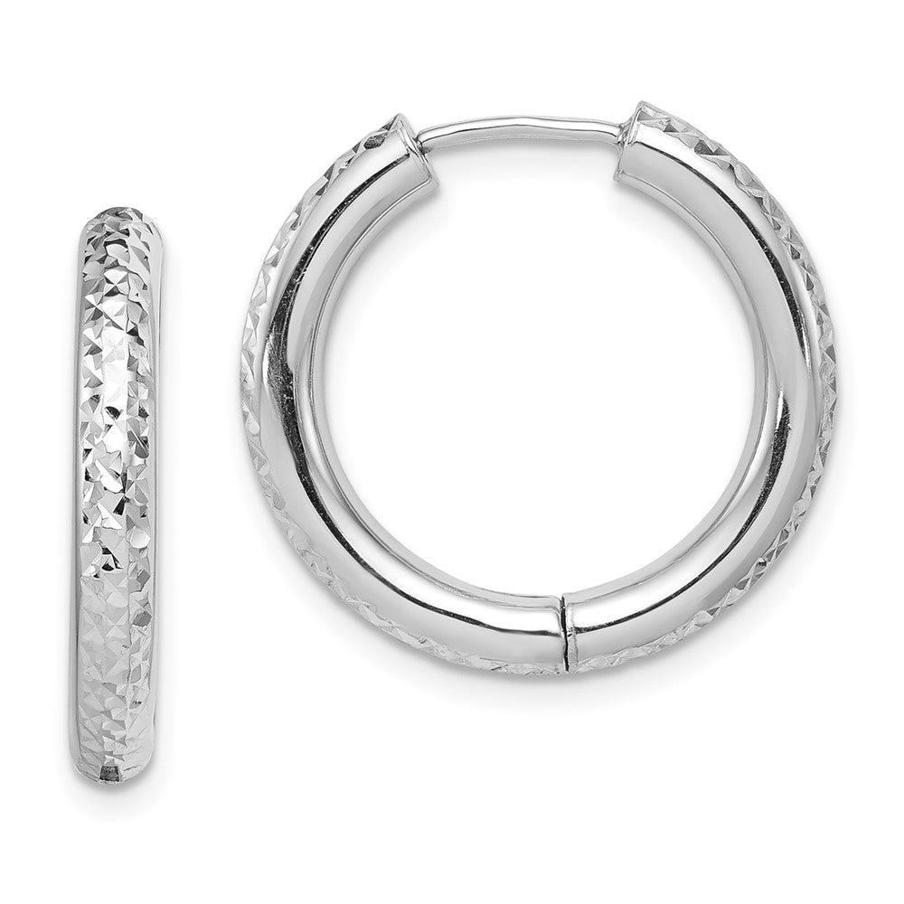 Rhodium-plated Sterling Silver Diamond-cut Hinged Hoop Earrings