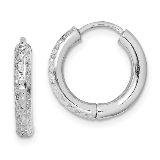 Rhodium-plated Sterling Silver Diamond-cut Hinged Hoop Earrings