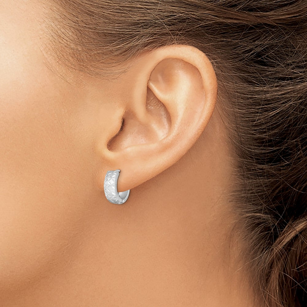 Rhodium-plated Sterling Silver Diamond-cut Hinged Hoop Earrings