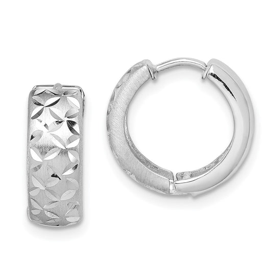 Rhodium-plated Sterling Silver Diamond-cut Hinged Hoop Earrings