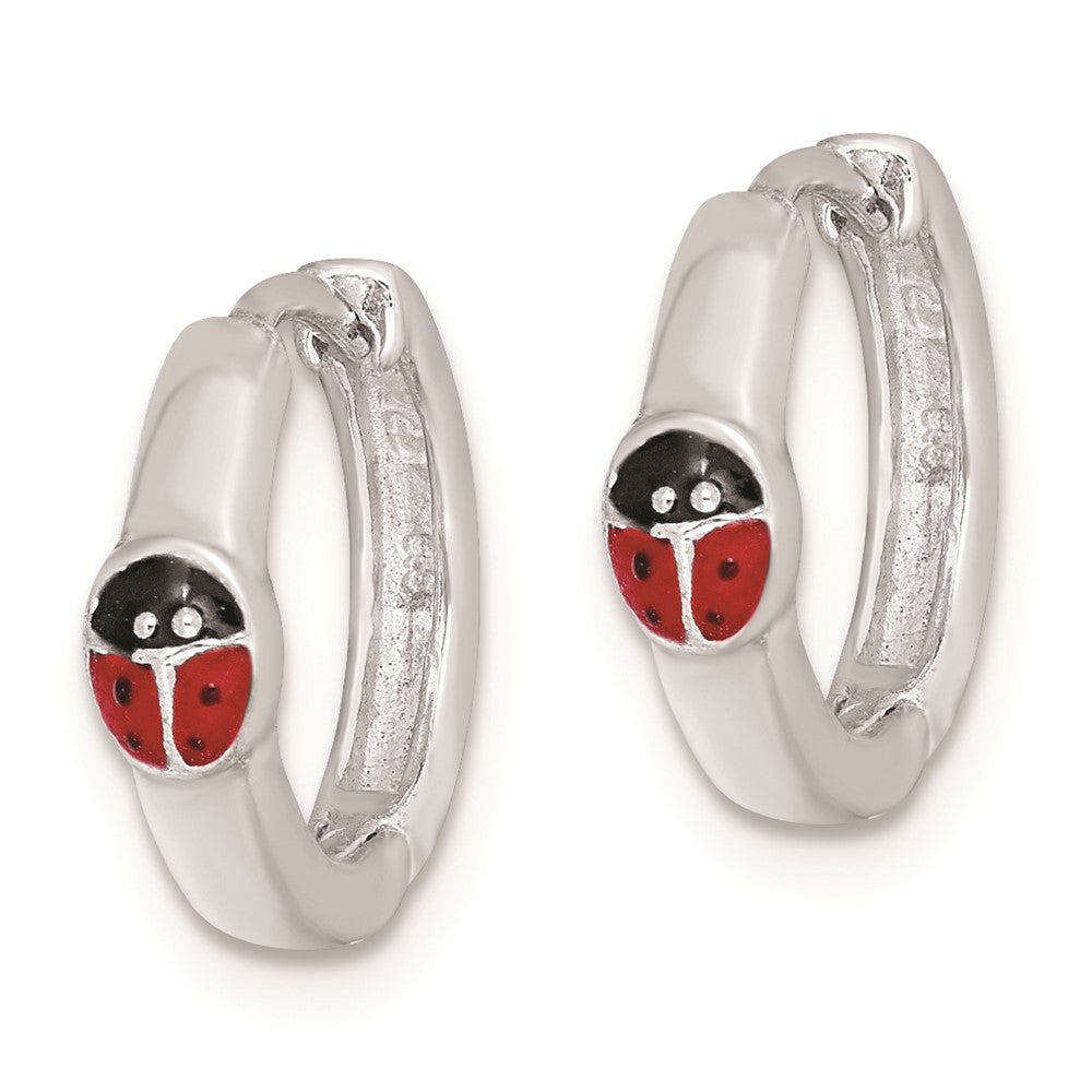 Rhodium-plated Silver Enameled Ladybug Hinged Hoop Earrings