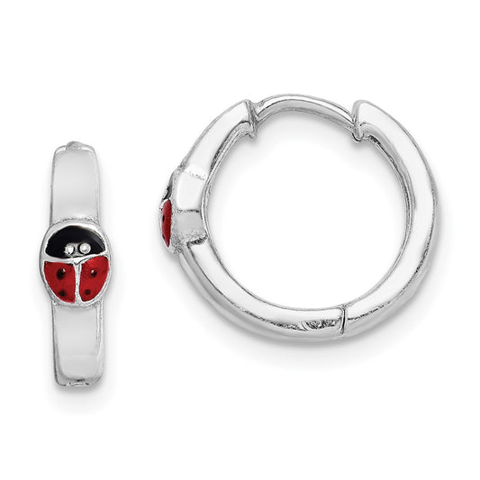 Rhodium-plated Silver Enameled Ladybug Hinged Hoop Earrings