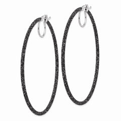 Rhodium-plated Sterling Silver Black Glitter Enamel 2x55mm Hoop Earrings