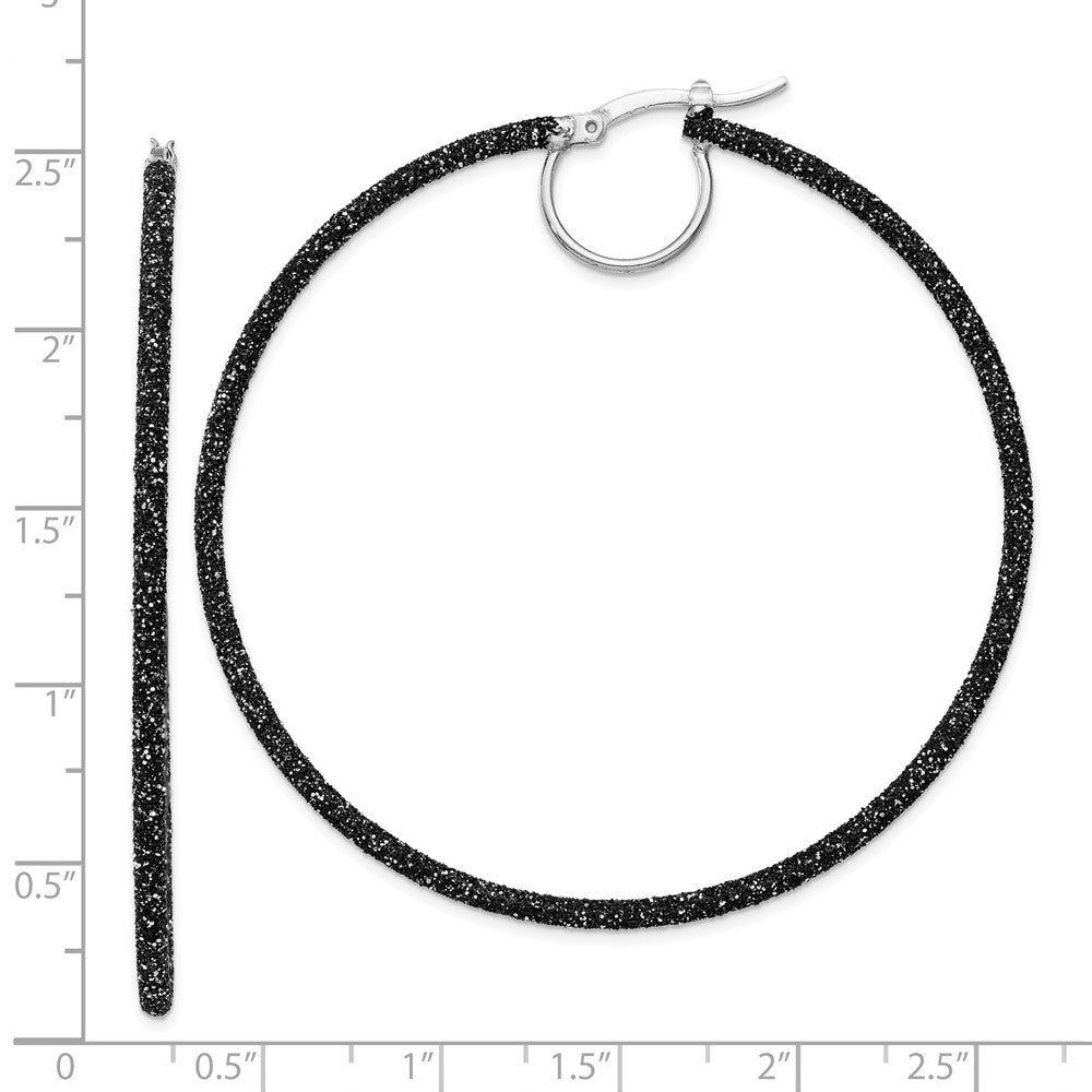 Rhodium-plated Sterling Silver Black Glitter Enamel 2x55mm Hoop Earrings