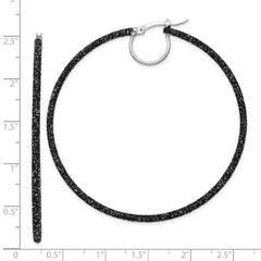 Rhodium-plated Sterling Silver Black Glitter Enamel 2x55mm Hoop Earrings