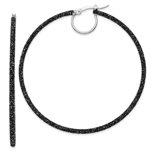 Rhodium-plated Sterling Silver Black Glitter Enamel 2x55mm Hoop Earrings