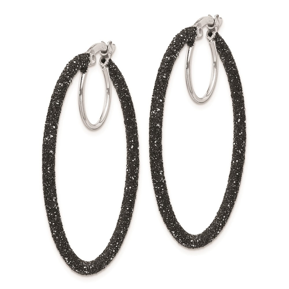 Rhodium-plated Sterling Silver Black Glitter Enamel 2x35mm Hoop Earrings