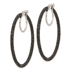 Rhodium-plated Sterling Silver Black Glitter Enamel 2x35mm Hoop Earrings