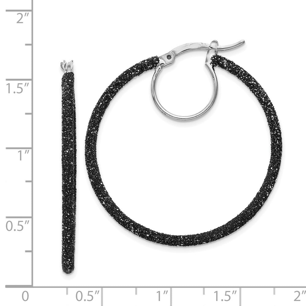 Rhodium-plated Sterling Silver Black Glitter Enamel 2x35mm Hoop Earrings