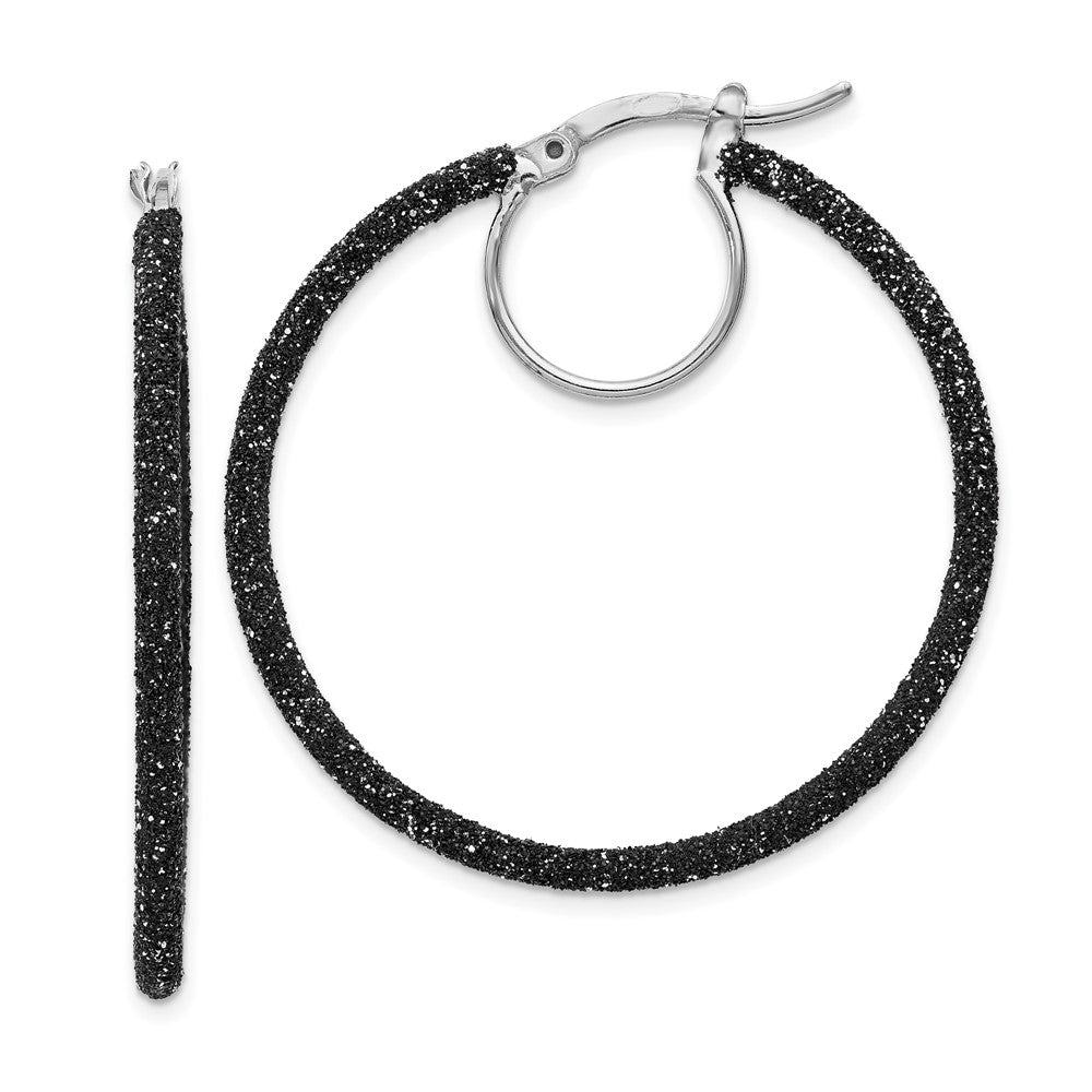 Rhodium-plated Sterling Silver Black Glitter Enamel 2x35mm Hoop Earrings