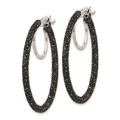 Rhodium-plated Sterling Silver Black Glitter Enamel 2x30mm Hoop Earrings