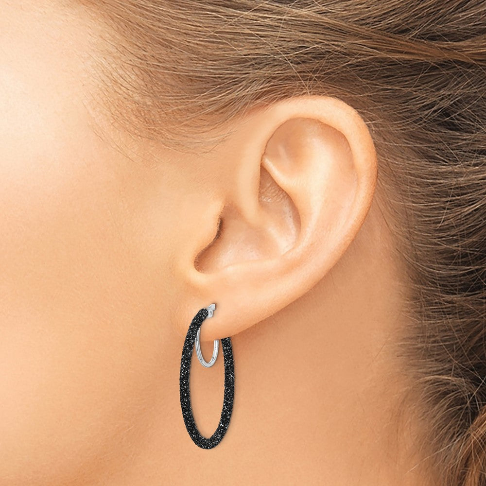 Rhodium-plated Sterling Silver Black Glitter Enamel 2x30mm Hoop Earrings