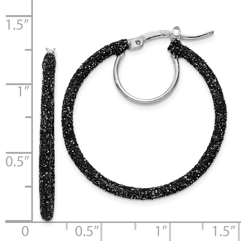 Rhodium-plated Sterling Silver Black Glitter Enamel 2x30mm Hoop Earrings