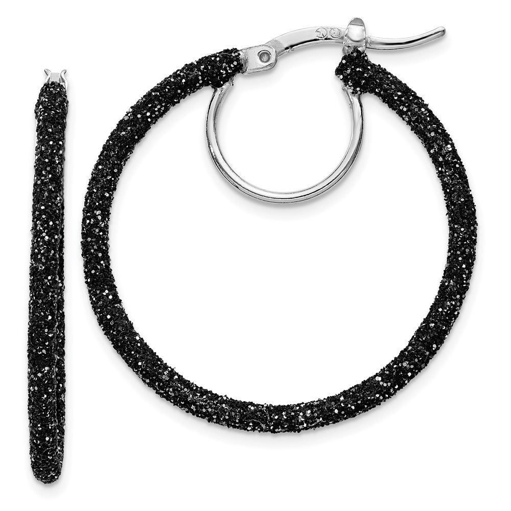 Rhodium-plated Sterling Silver Black Glitter Enamel 2x30mm Hoop Earrings