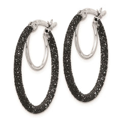 Rhodium-plated Sterling Silver Black Glitter Enamel 2x25mm Hoop Earrings