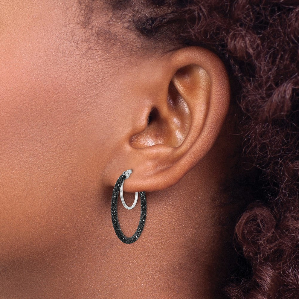 Rhodium-plated Sterling Silver Black Glitter Enamel 2x25mm Hoop Earrings