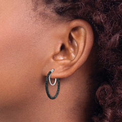 Rhodium-plated Sterling Silver Black Glitter Enamel 2x25mm Hoop Earrings