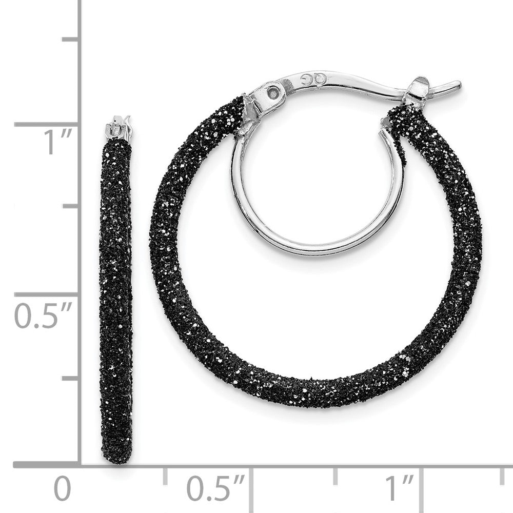 Rhodium-plated Sterling Silver Black Glitter Enamel 2x25mm Hoop Earrings