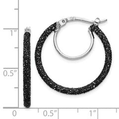 Rhodium-plated Sterling Silver Black Glitter Enamel 2x25mm Hoop Earrings