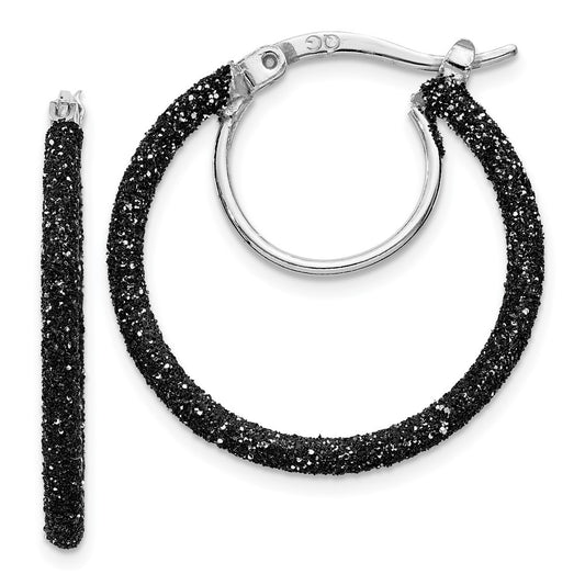 Rhodium-plated Sterling Silver Black Glitter Enamel 2x25mm Hoop Earrings