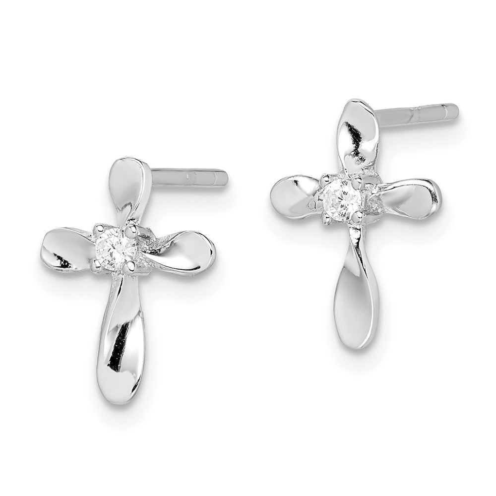 Rhodium-plated Sterling Silver CZ Cross Post Earrings