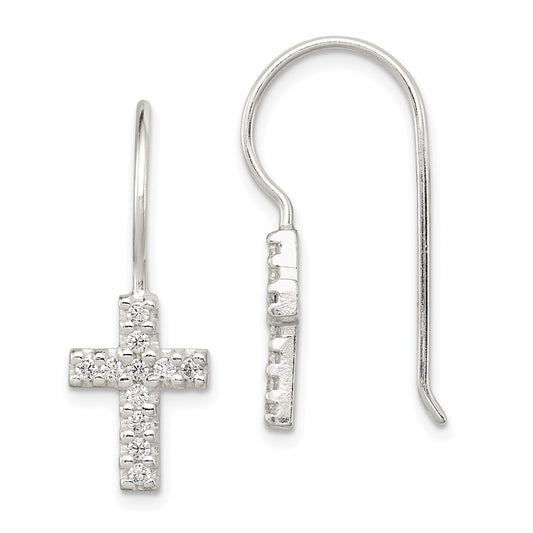Sterling Silver CZ Cross Shepherd Hook Earrings