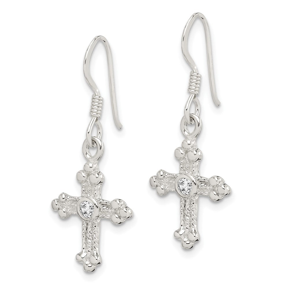 Sterling Silver CZ Cross Shepherd Hook Earrings