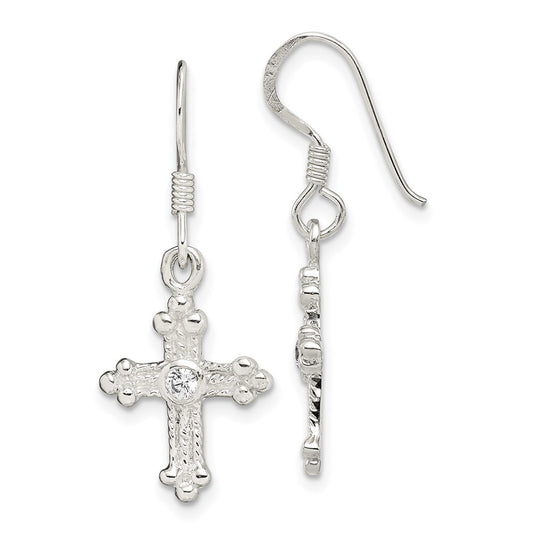 Sterling Silver CZ Cross Shepherd Hook Earrings