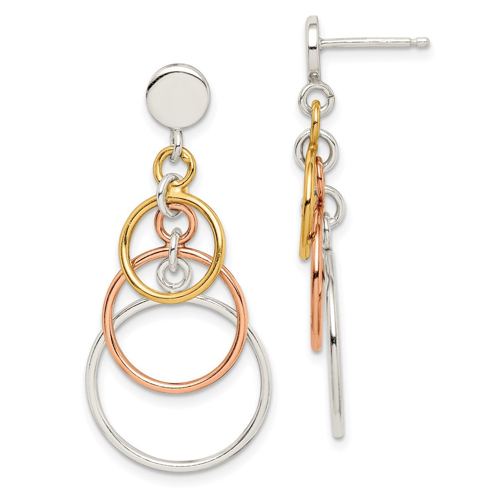 Sterling Silver Polished Flash Gold Plated Circle Dangle Post Earrings