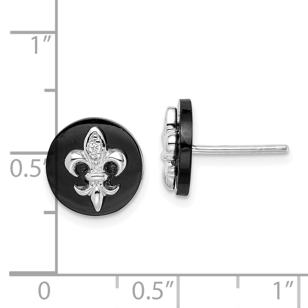 Sterling Silver CZ Fleur de Lis on Onyx Circle Stud Earrings