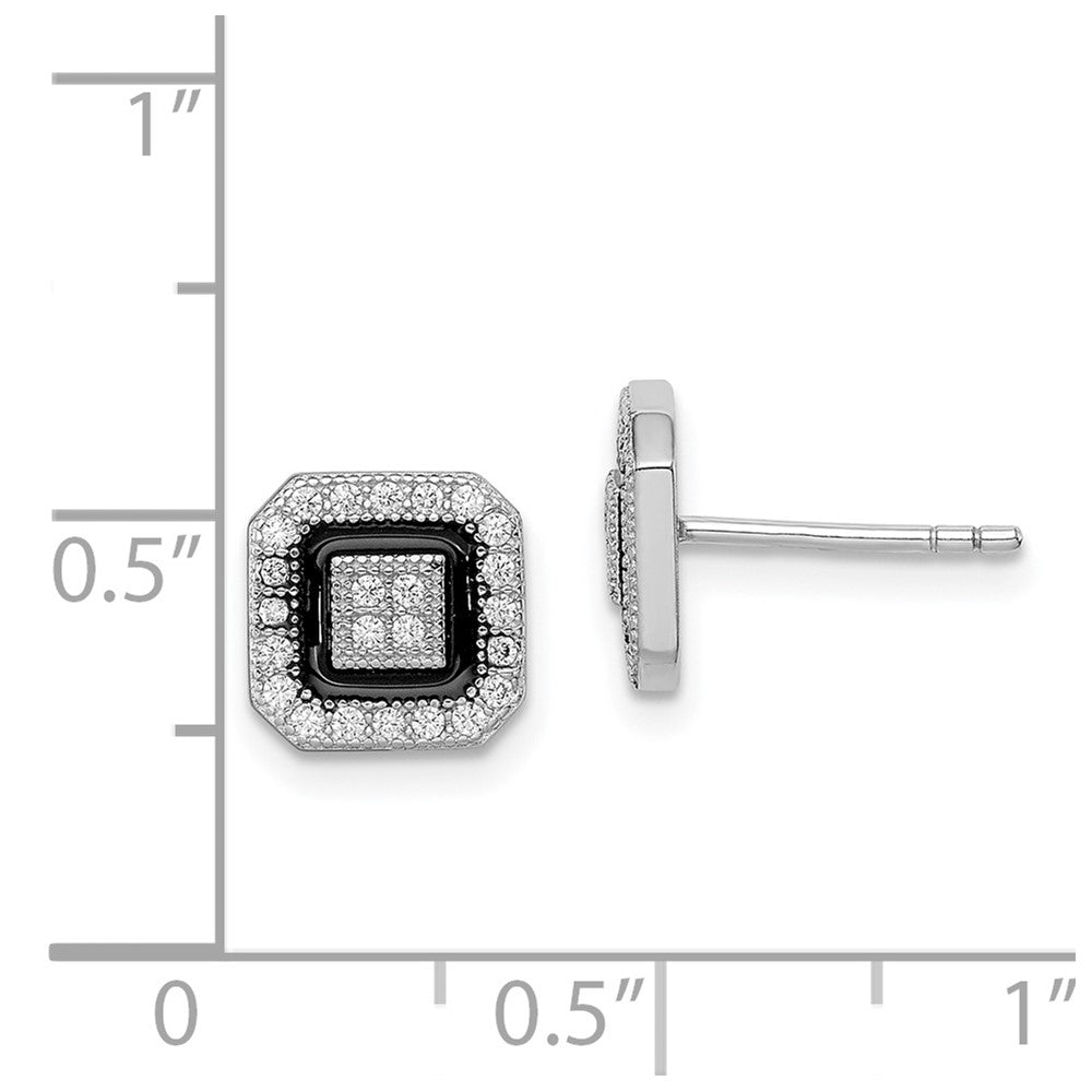 Rhodium-plated Silver CZ Pave Black Enamel Square Post Earrings