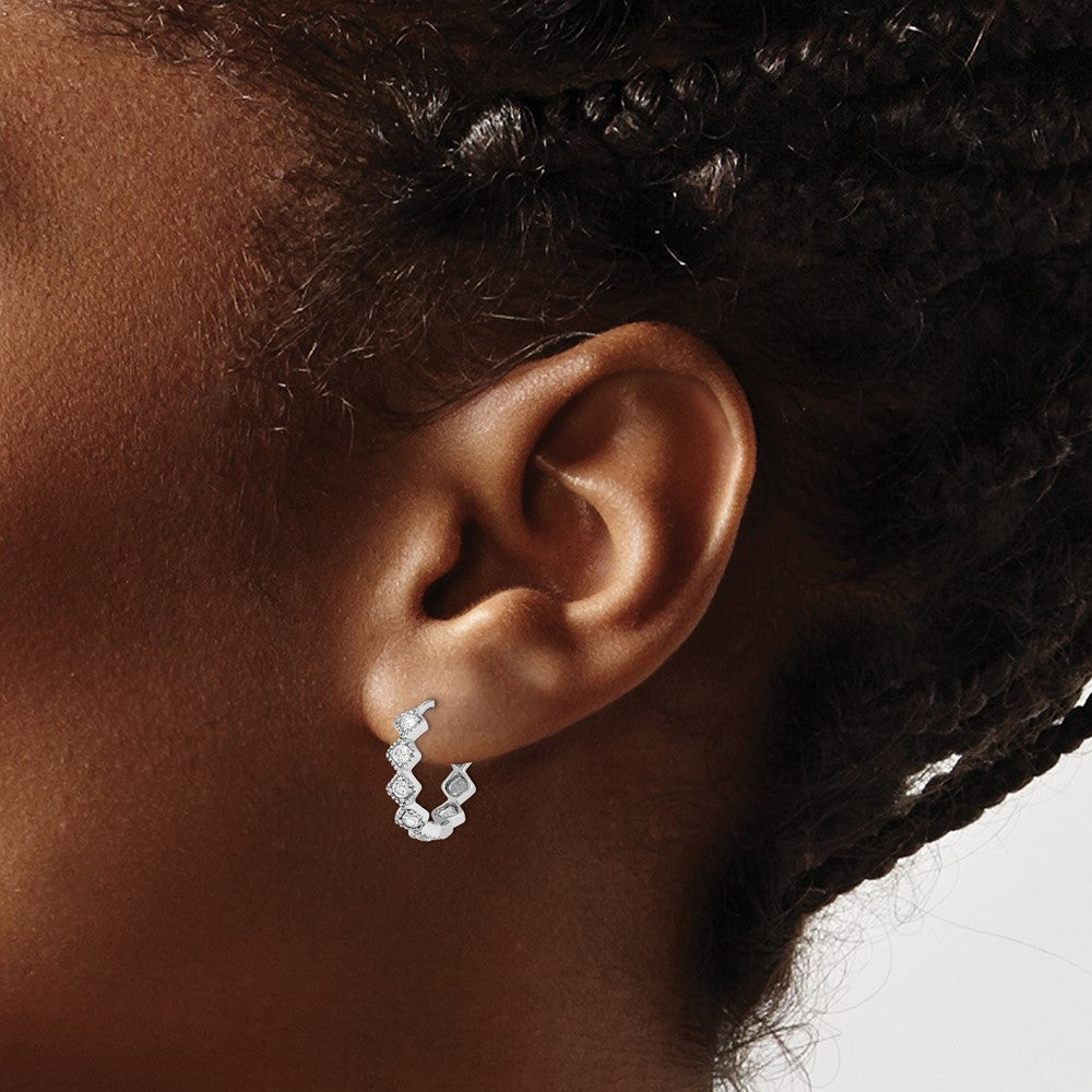 Rhodium-plated Sterling Silver CZ Hinged Hoop Earrings