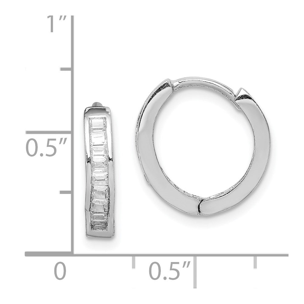 Rhodium-plated Sterling Silver CZ Baguette Hinged Hoop Earrings