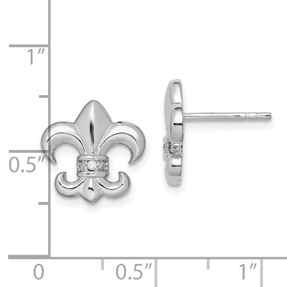 Rhodium-plated Sterling Silver CZ Fleur de lis Post Earrings