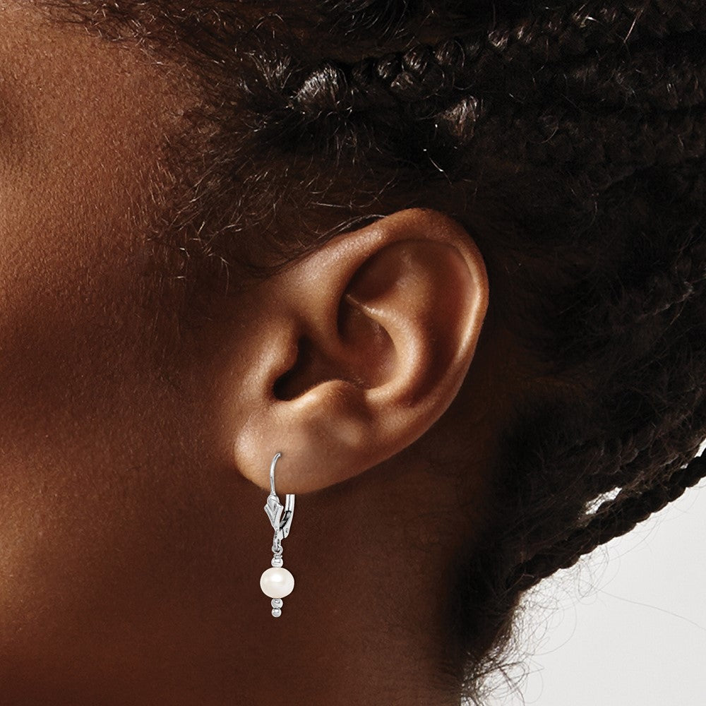 Rhodium-plated Sterling Silver 6-7mm White FWC Pearl Leverback Earrings