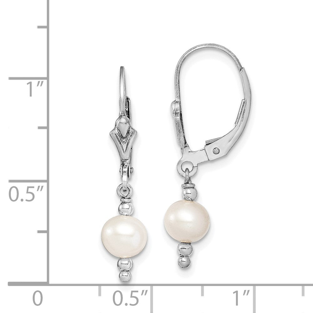Rhodium-plated Sterling Silver 6-7mm White FWC Pearl Leverback Earrings
