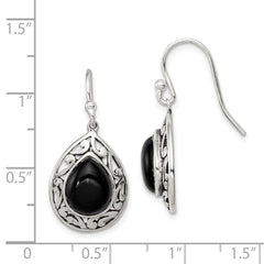 Sterling Silver Onyx Antiqued Shepherd Hook Earrings