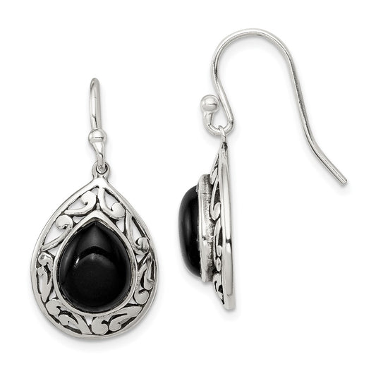 Sterling Silver Onyx Antiqued Shepherd Hook Earrings