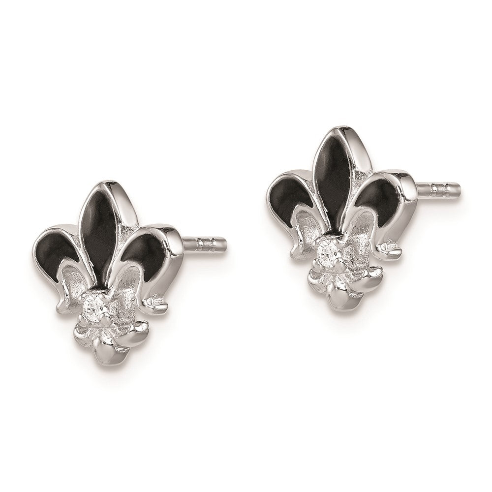 Rhodium-plated Sterling Silver CZ Enamel Fleur de lis Post Earrings