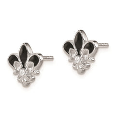 Rhodium-plated Sterling Silver CZ Enamel Fleur de lis Post Earrings