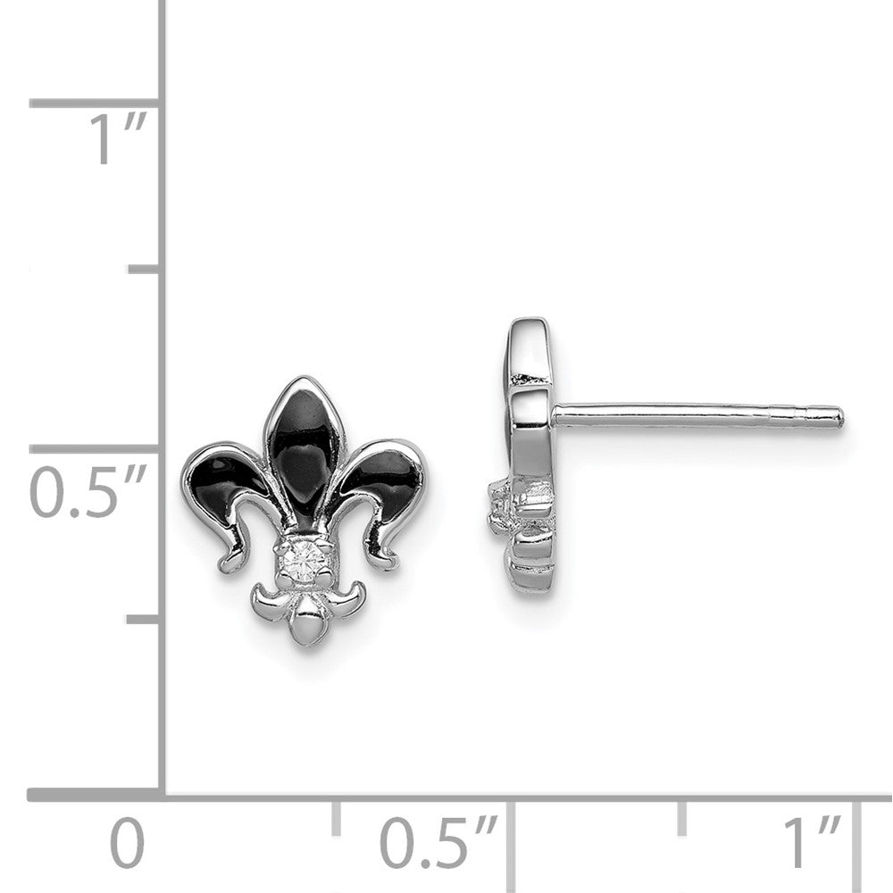 Rhodium-plated Sterling Silver CZ Enamel Fleur de lis Post Earrings