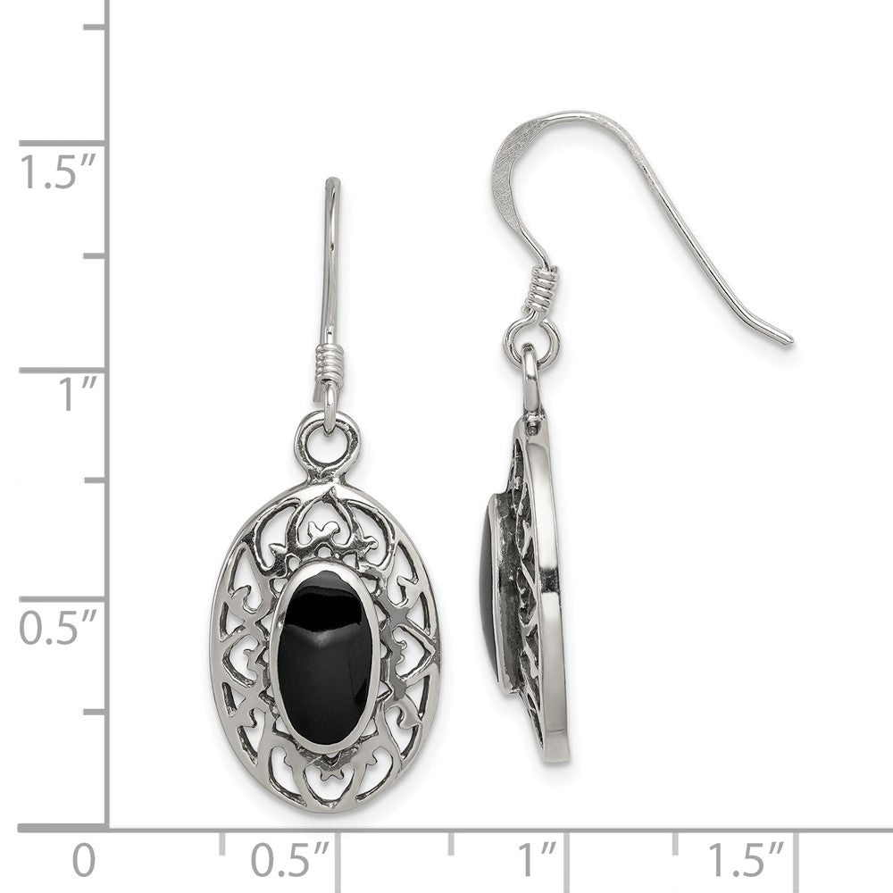 Sterling Silver Oval Black Agate Shepherd Hook Antiqued Earrings
