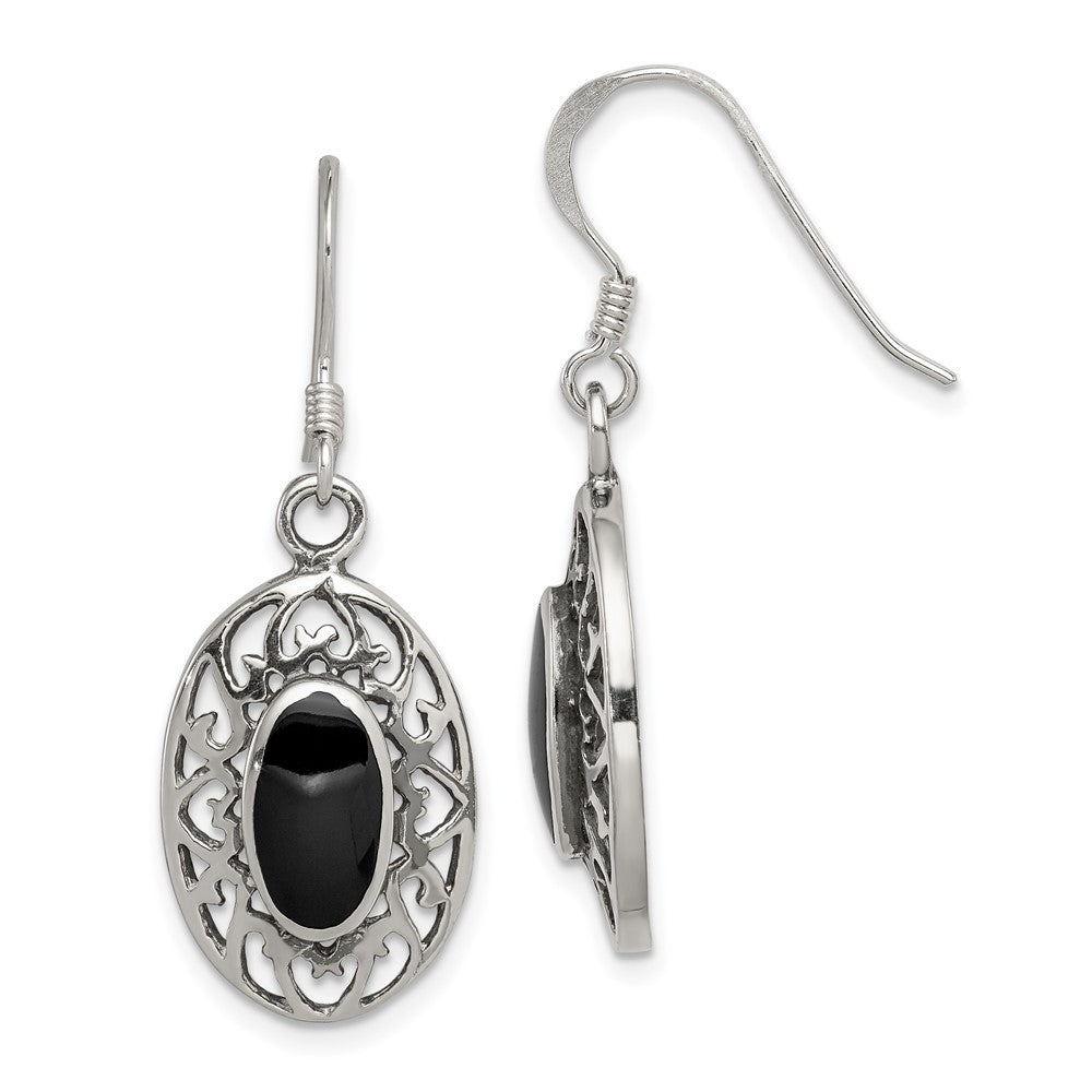 Sterling Silver Oval Black Agate Shepherd Hook Antiqued Earrings