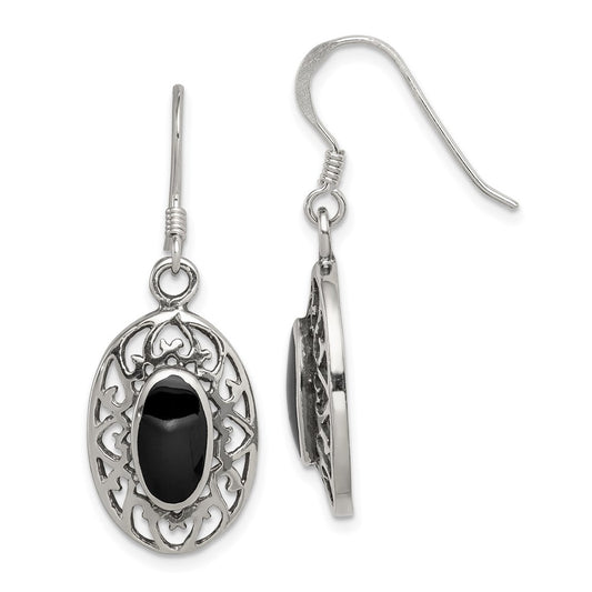 Sterling Silver Oval Black Agate Shepherd Hook Antiqued Earrings