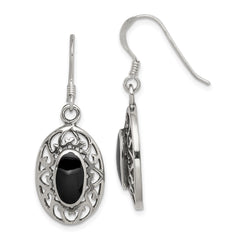 Sterling Silver Oval Black Agate Shepherd Hook Antiqued Earrings