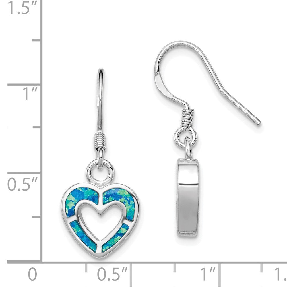 Rhodium-plated Sterling Silver Blue Inlay Created Opal Heart Earrings