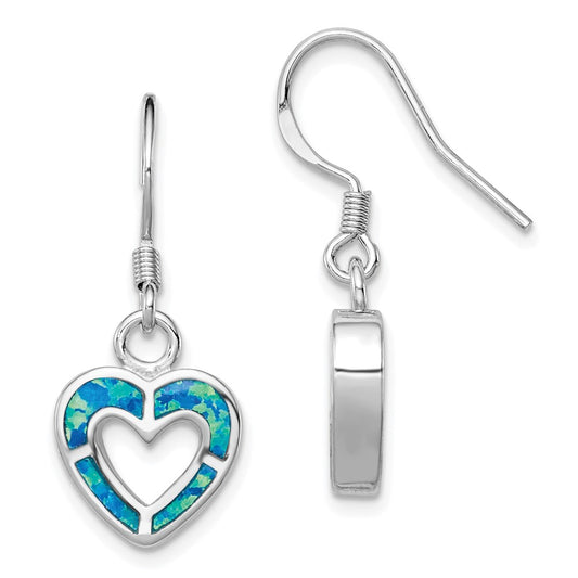 Rhodium-plated Sterling Silver Blue Inlay Created Opal Heart Earrings